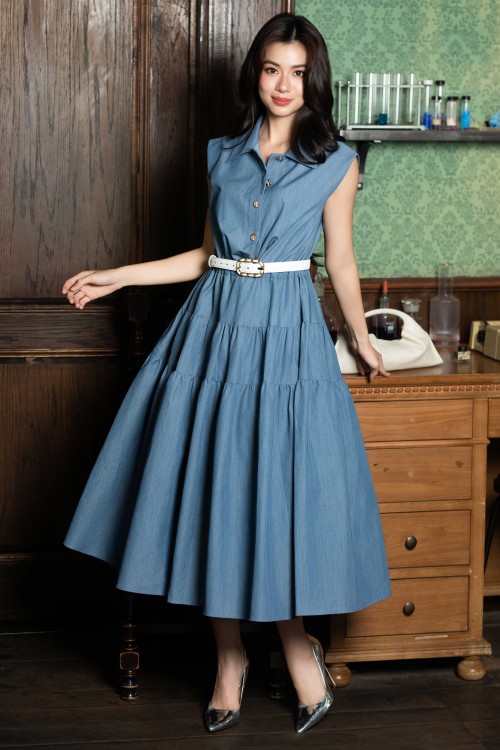 Sixdo Blue-grey Denim Flared Dress